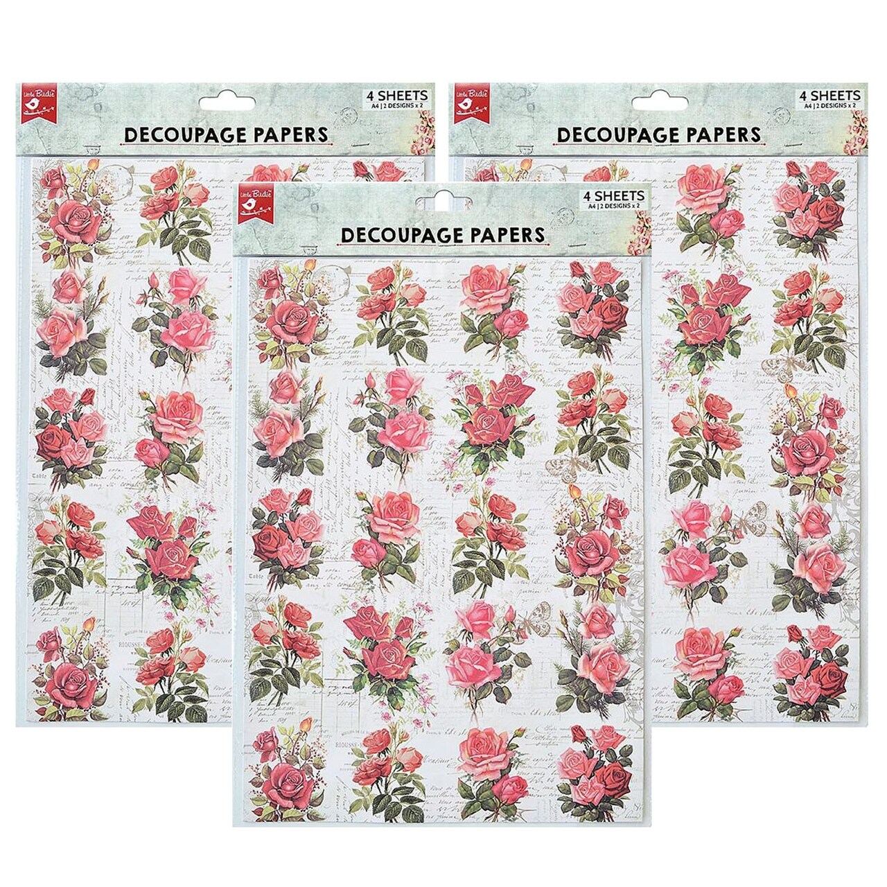 Pack of 3 - Little Birdie Decoupage Paper A4 4/Pkg-Rose Passion